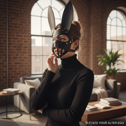 Máscara de Conejo BDSM de Cuero Sintético Negro con Orejas Largas - Talla Única