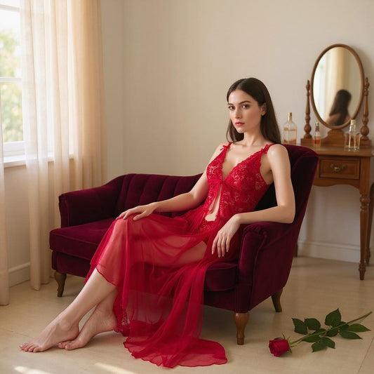 Conjunto de Lencería Rojo con Baby Doll Largo Transparente - Talla M