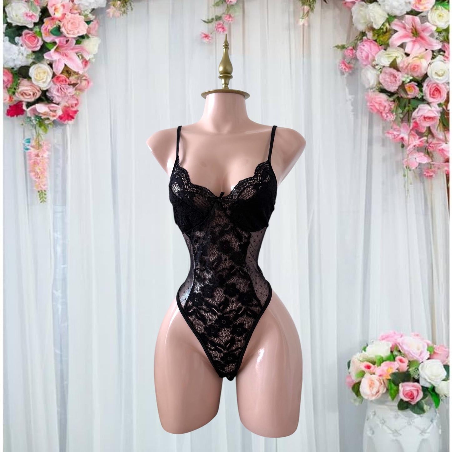 Body de Lencería Negro con Encaje y Transparencias - Talla M Copa B