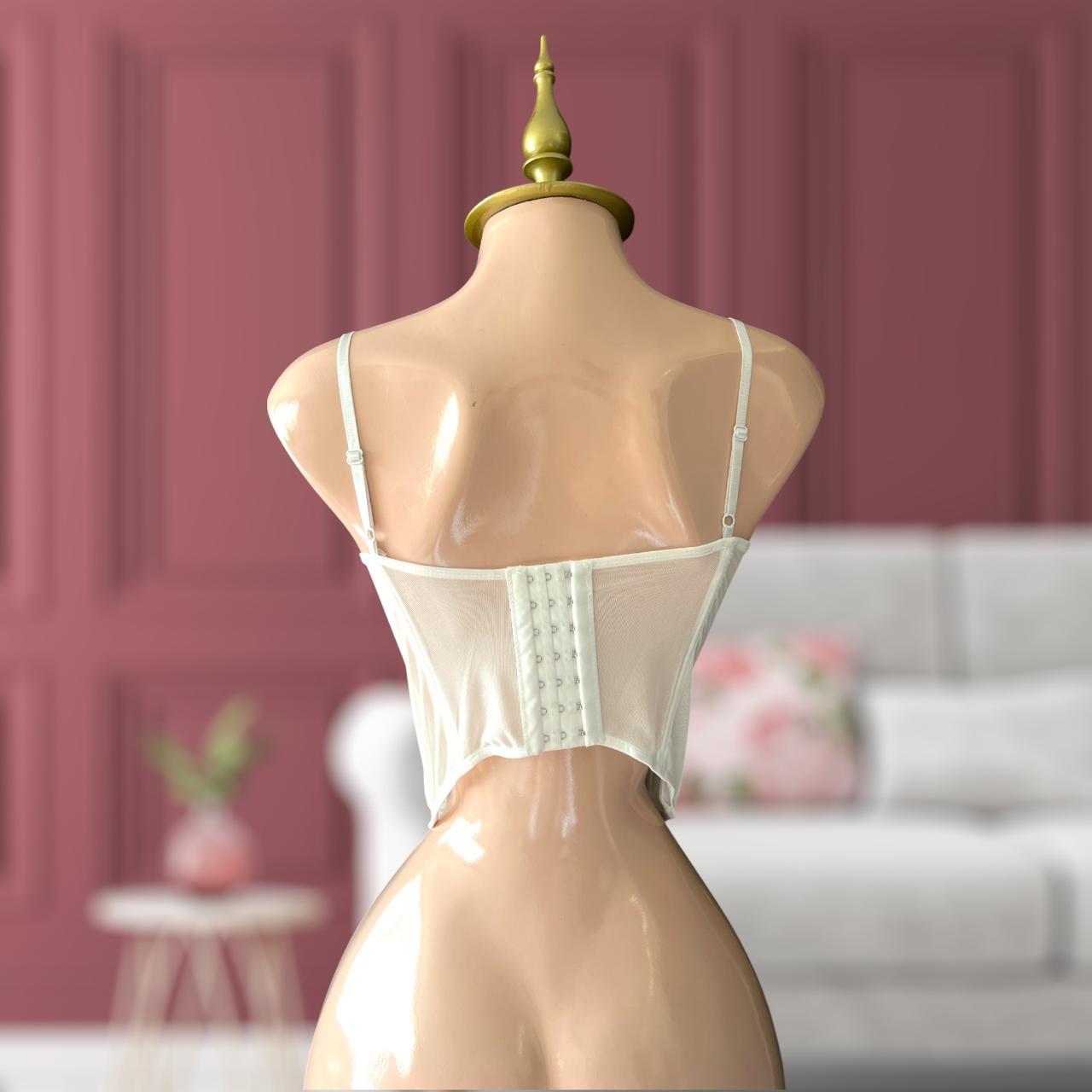 Bustier Blanco con Encaje Floral Delicado y Copas con Aro - Talla Única