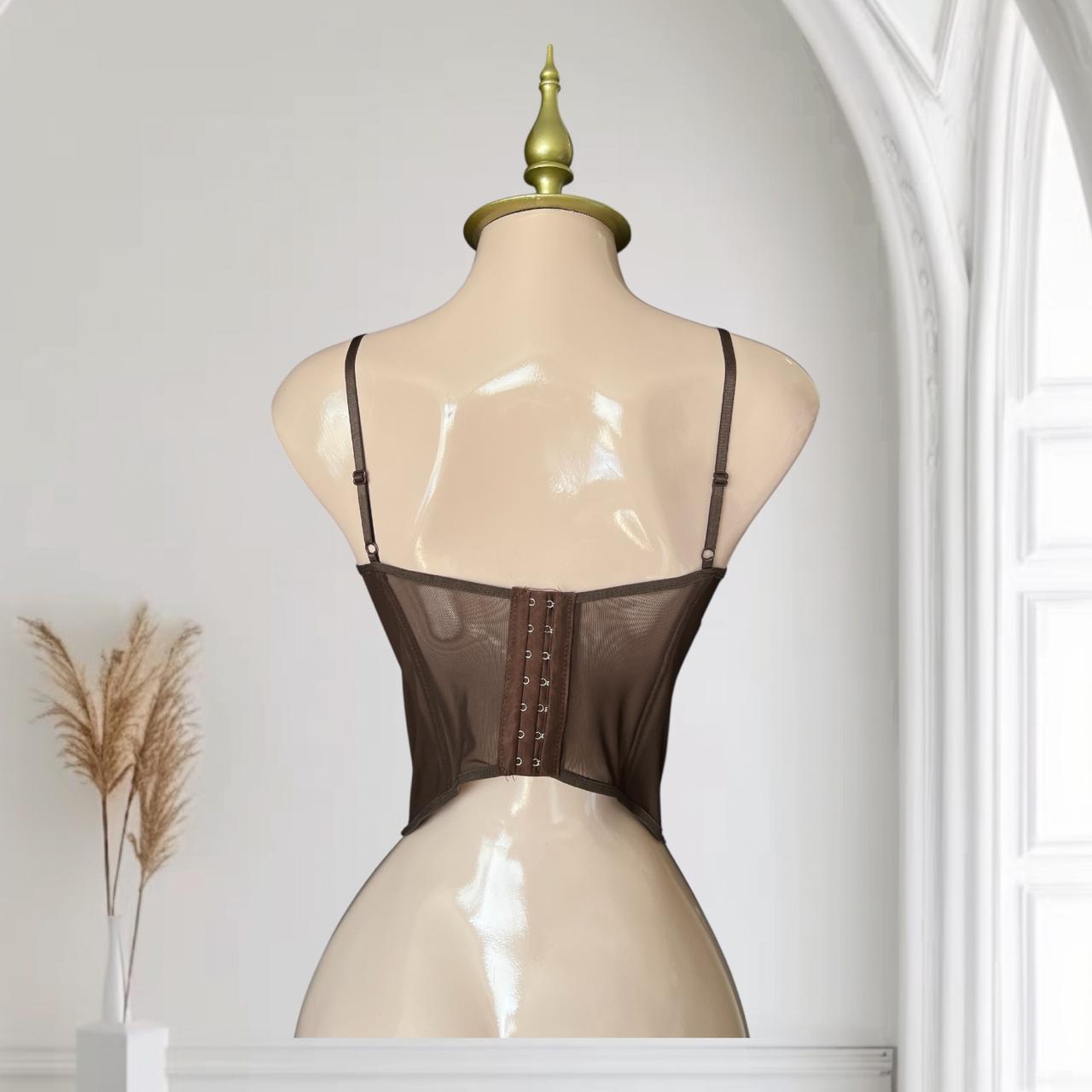 Bustier Café con Encaje Floral y Malla Transparente - Talla Única