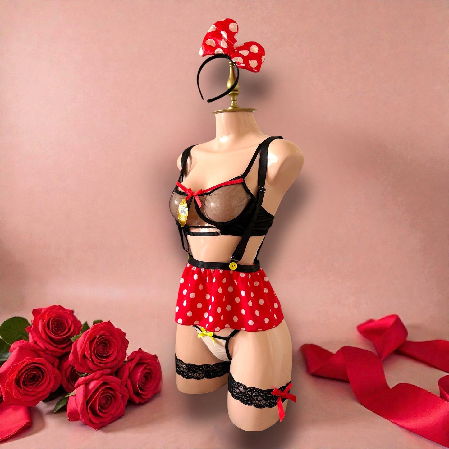 Disfraz de Lencería Minnie Mouse Rojo con Lunares y Accesorios - Talla M