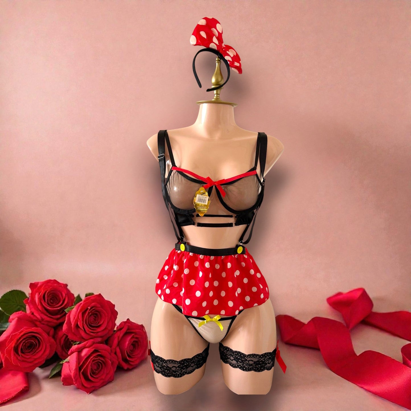 Disfraz de Lencería Minnie Mouse Rojo con Lunares y Accesorios - Talla M