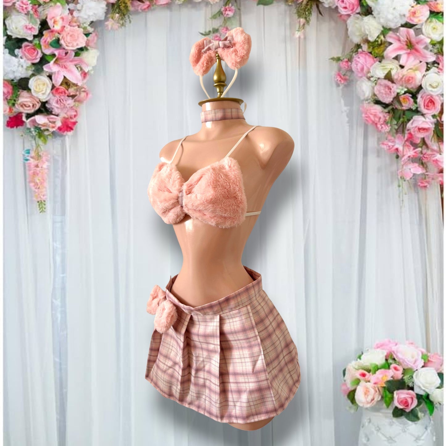 Disfraz de Lencería Osita Rosa con Minifalda a Cuadros - Talla M