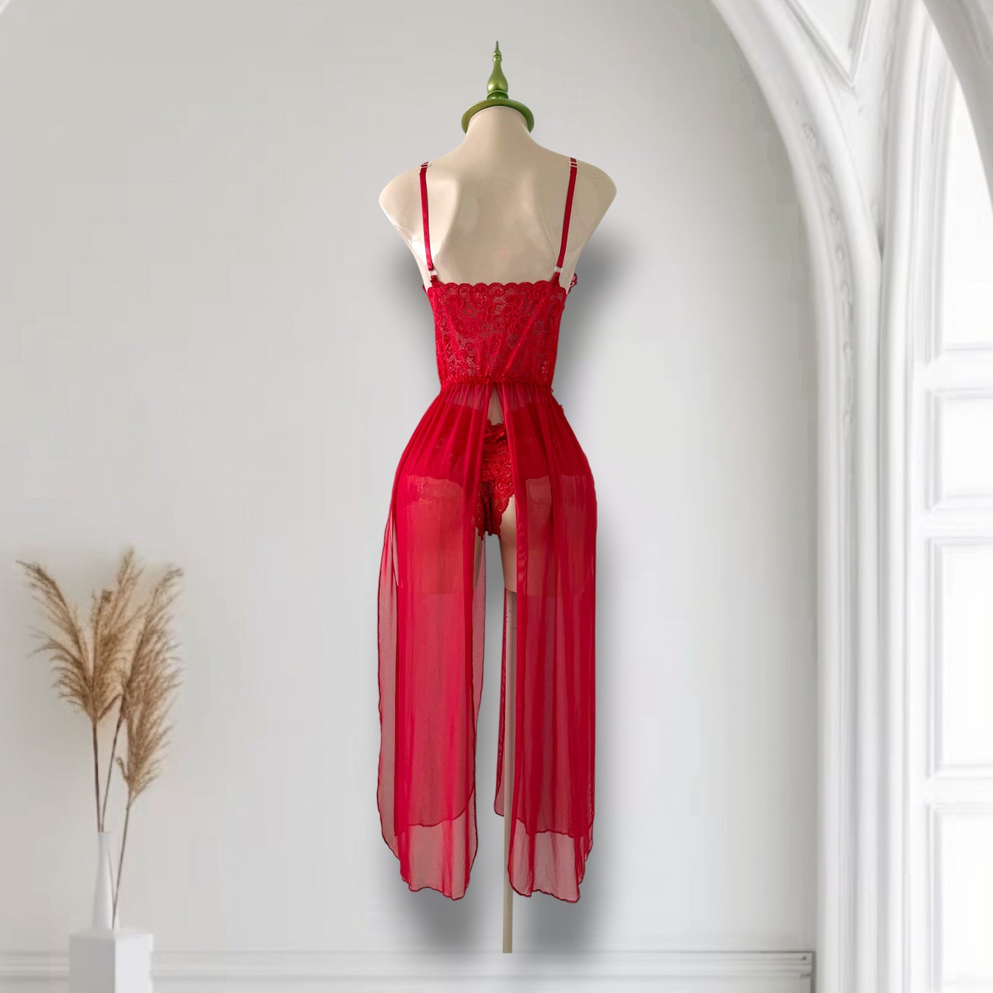 Conjunto de Lencería Rojo con Baby Doll Largo Transparente - Talla M