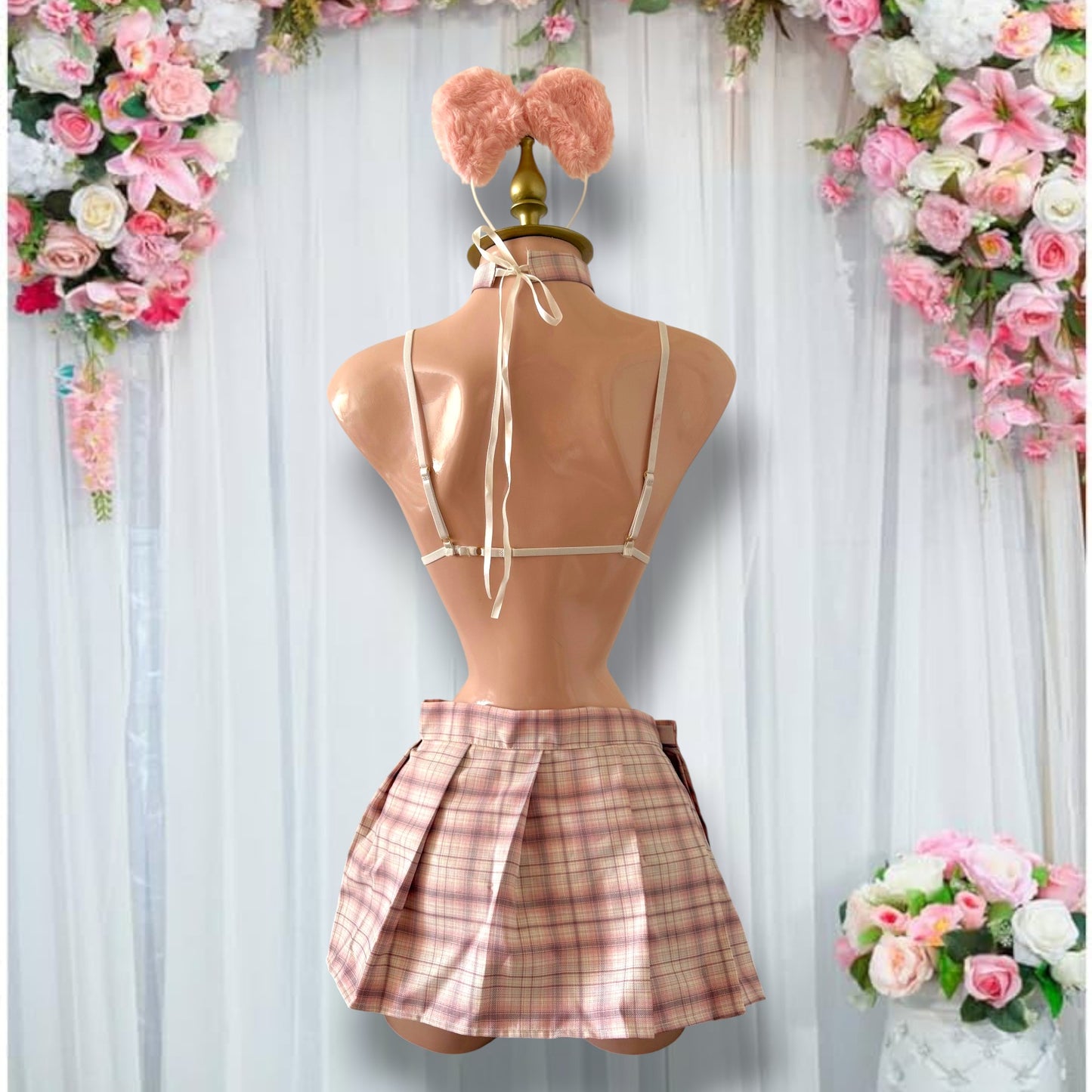 Disfraz de Lencería Osita Rosa con Minifalda a Cuadros - Talla M