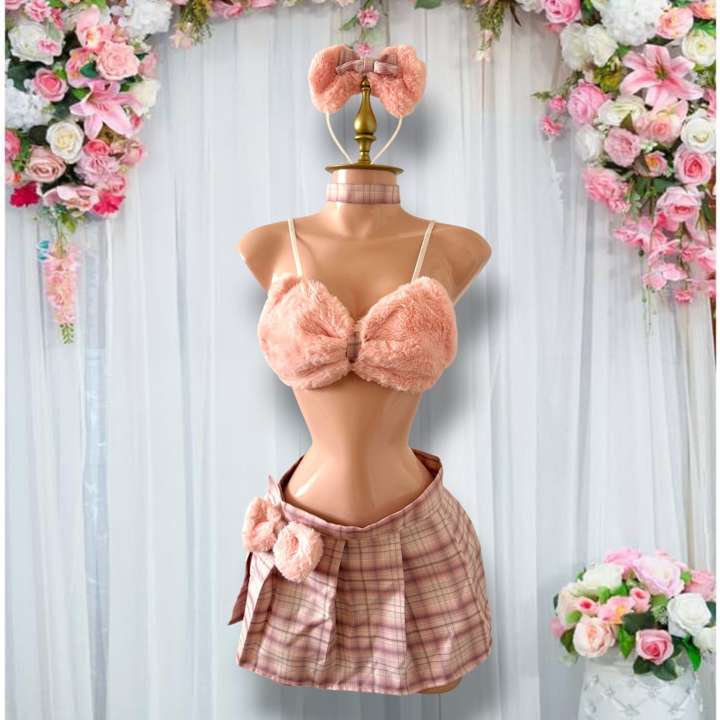 Disfraz de Lencería Osita Rosa con Minifalda a Cuadros - Talla M