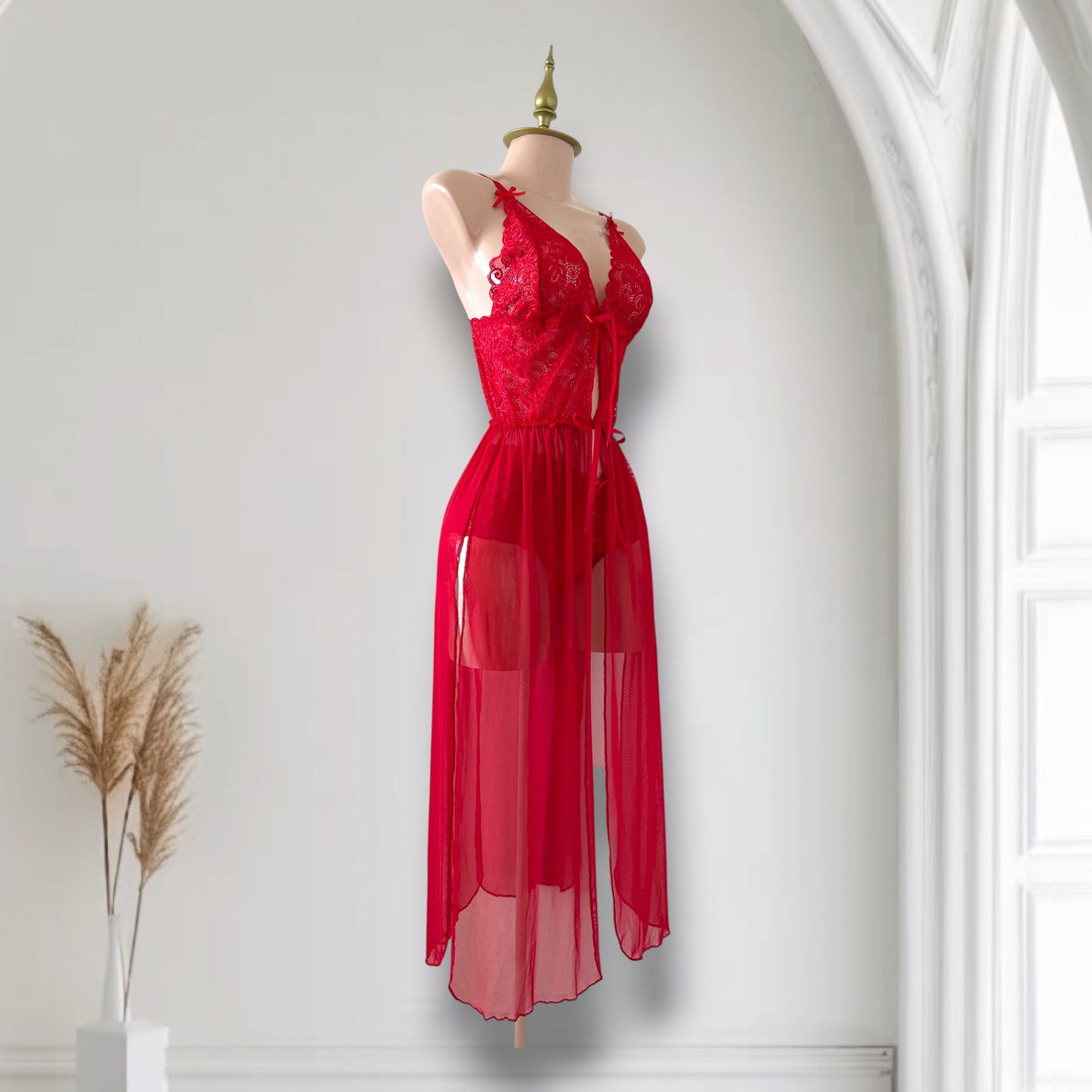 Conjunto de Lencería Rojo con Baby Doll Largo Transparente - Talla M