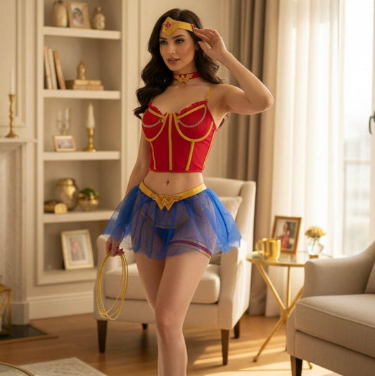 Disfraz de Lencería Wonder Woman Azul y Rojo con Accesorios - Talla M