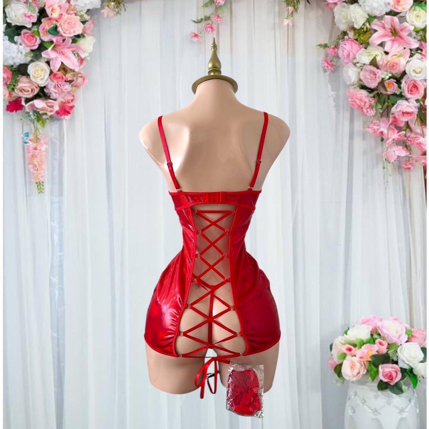 Baby Doll de Lencería Rojo con Espalda Corsé - Talla M