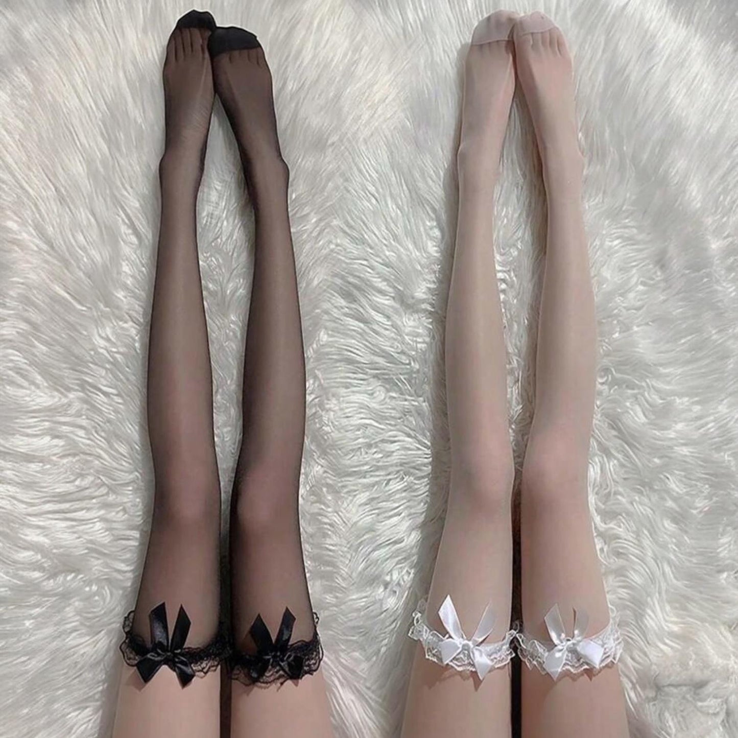 Duo de Pantimedias con Encaje y Moño - Blanco y Negro - Talla S-M