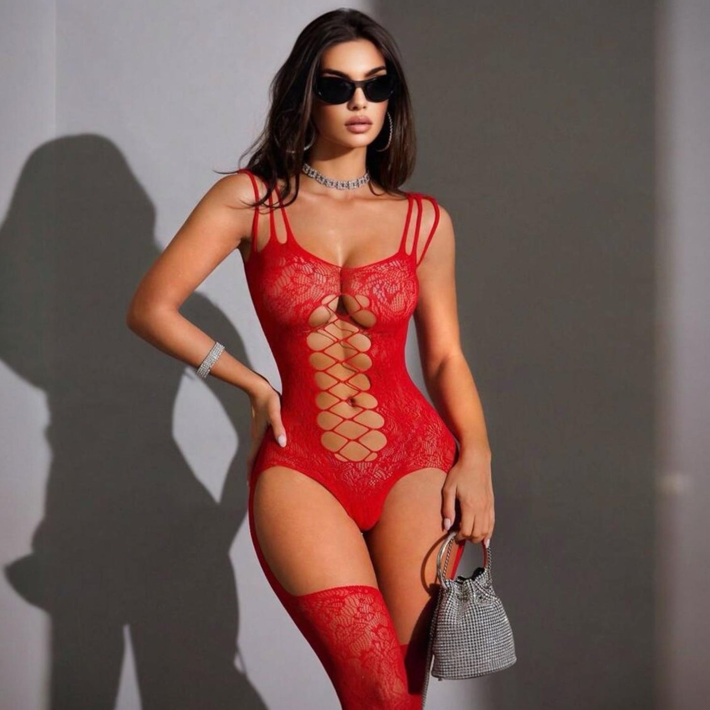 Enterizo de Lencería de Malla Rojo con Cordones - Talla M-G