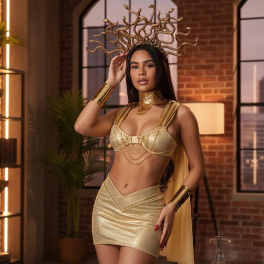 Disfraz de Lencería Medusa Dorado con Corona de Serpientes - Talla S-M