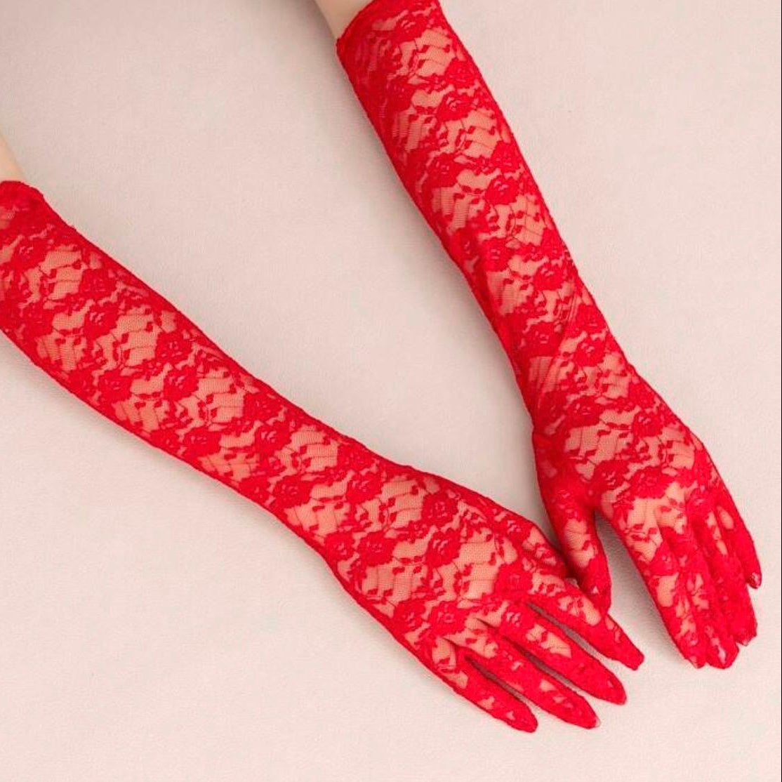 Guantes Largos de Encaje Rojo 3/4 - Estilo Elegante