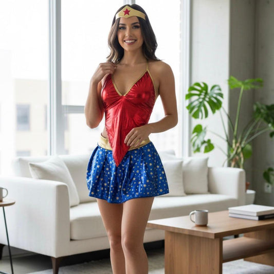 Disfraz de Lencería Wonder Woman Azul y Rojo con Accesorios - Talla M
