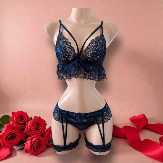 Conjunto de Lencería Azul Marino con Encaje Floral y Ligueros - Talla M