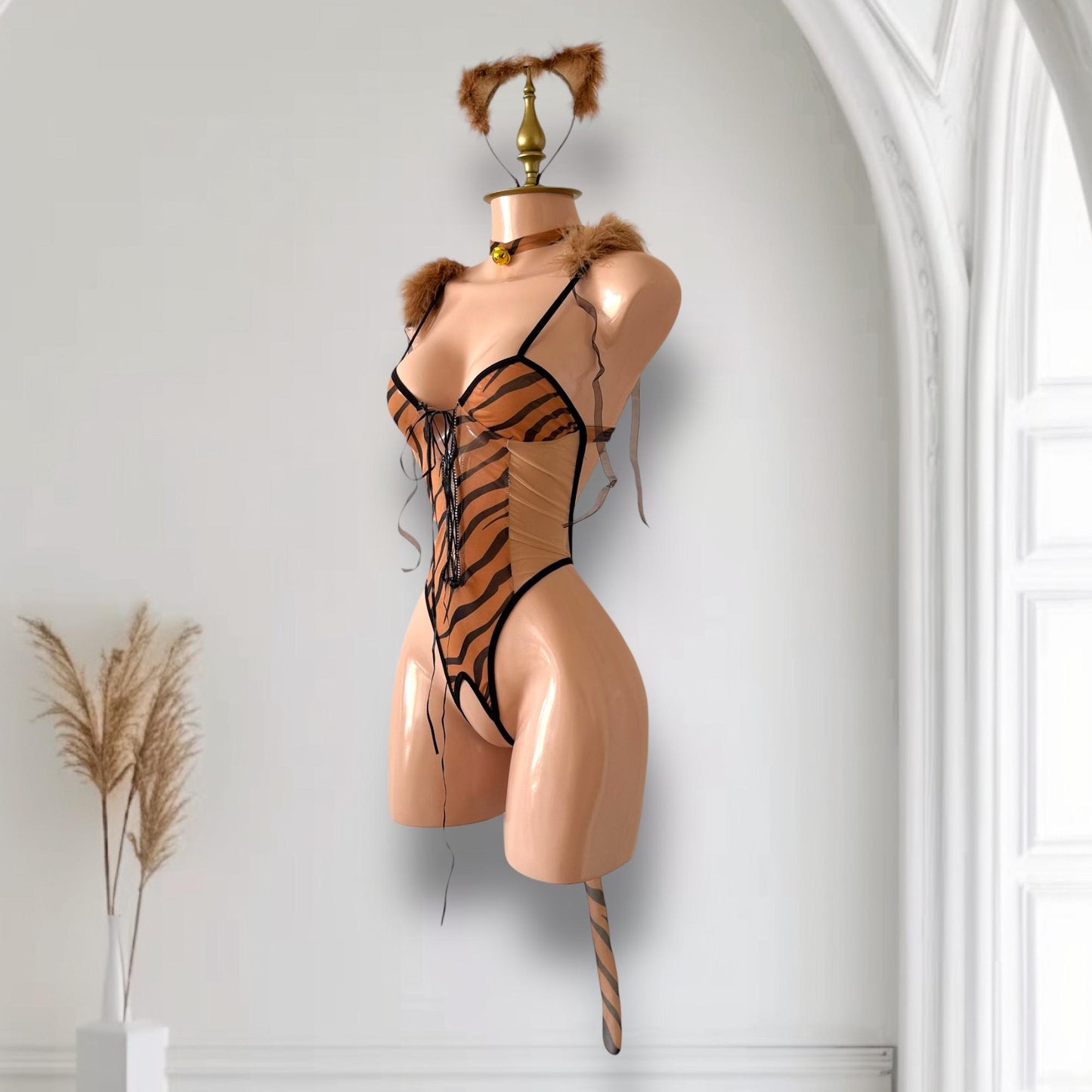 Disfraz de Lencería Leopardo Café con Negro y Accesorios - Talla M