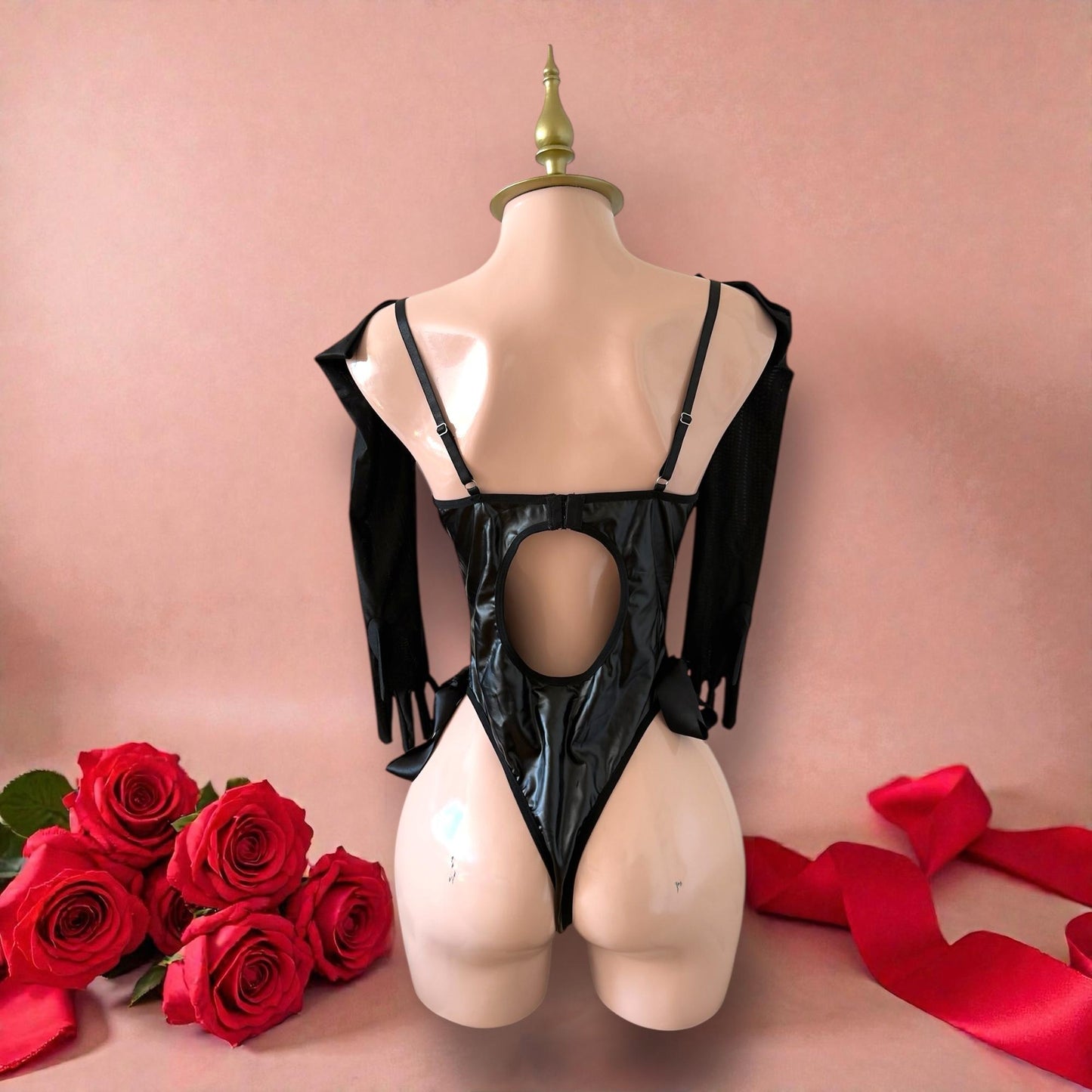 Body de Látex y Encaje Negro con Guantes 3/4 - Talla S-M