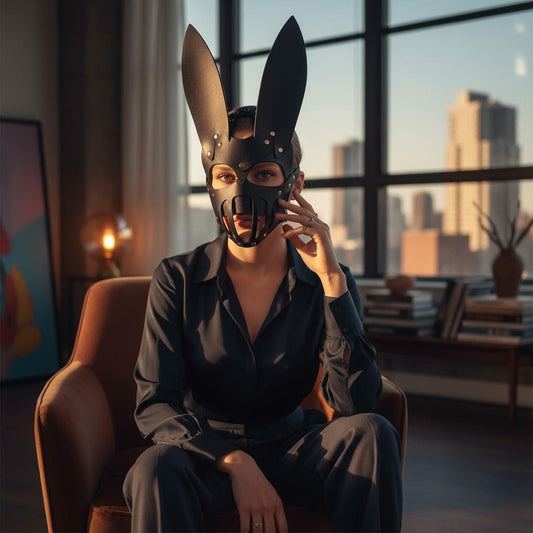 Máscara de Conejo BDSM de Cuero Sintético Negro con Orejas Largas - Talla Única
