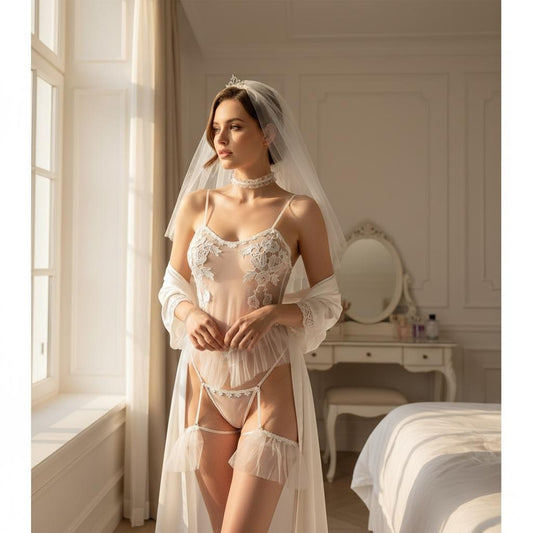Disfraz de Lencería Novia Blanco con Velo y Accesorios - Talla S-M