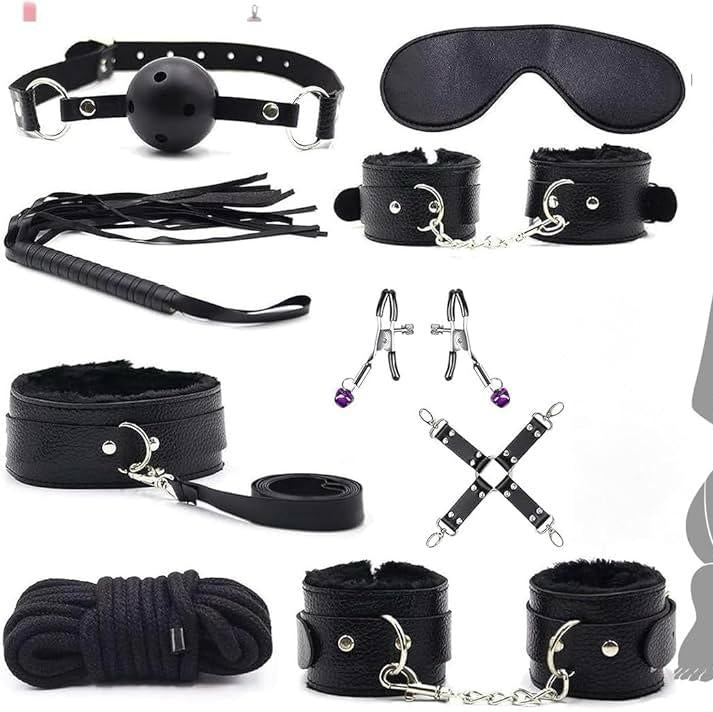 Set de Bondage Negro Completo con Esposas y Accesorios - 10 Piezas