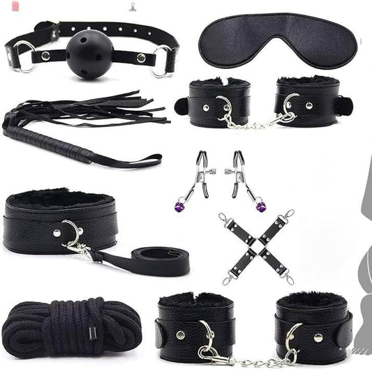 Set de Bondage Negro Completo con Esposas y Accesorios - 10 Piezas