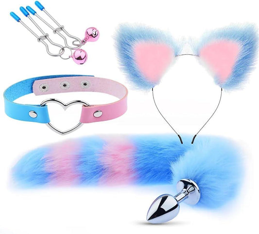 Set de Accesorios de Gato Rosa con Azul Claro - 4 Piezas