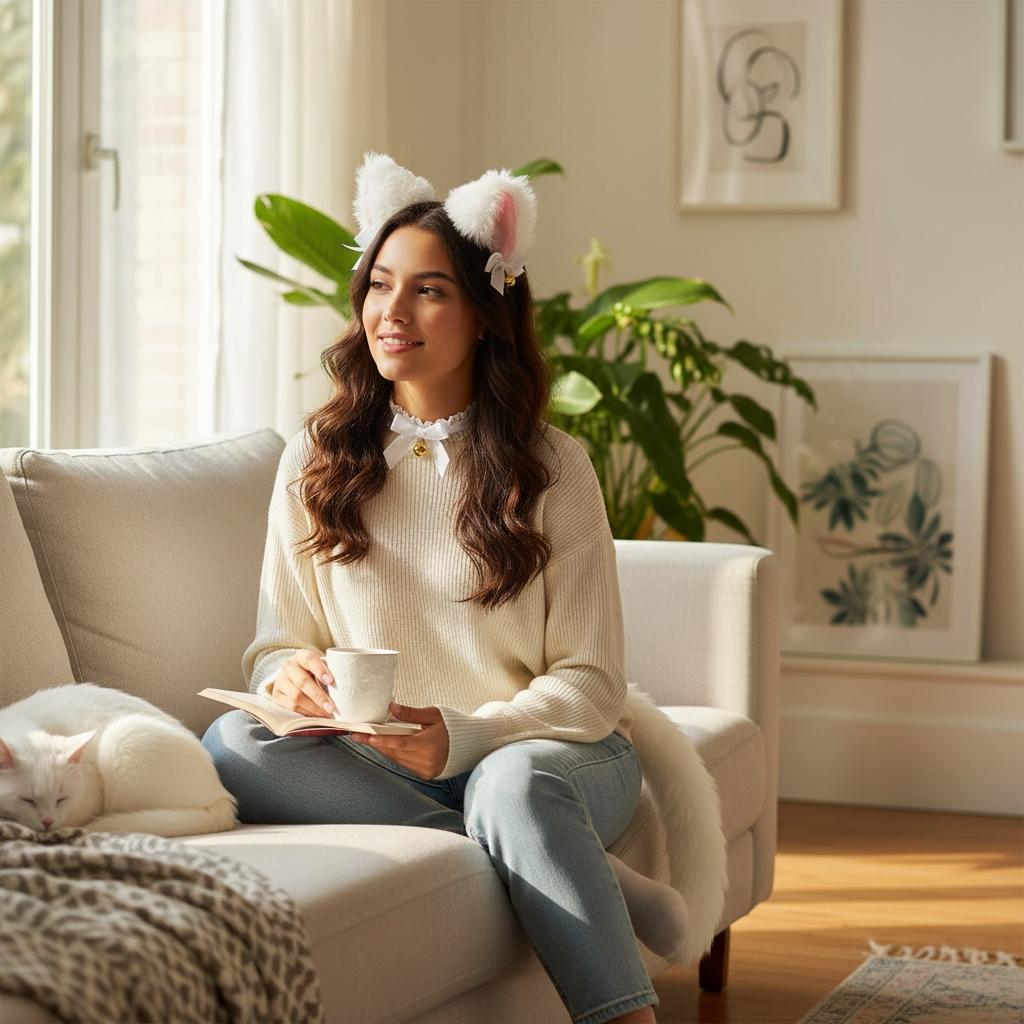 Set de Accesorios de Gato Blanco con Peluche - 4 Piezas
