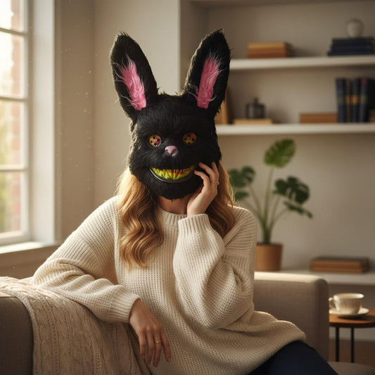 Máscara de Conejo de Peluche Negro con Orejas Rosas y Sonrisa Amarilla - Talla Única