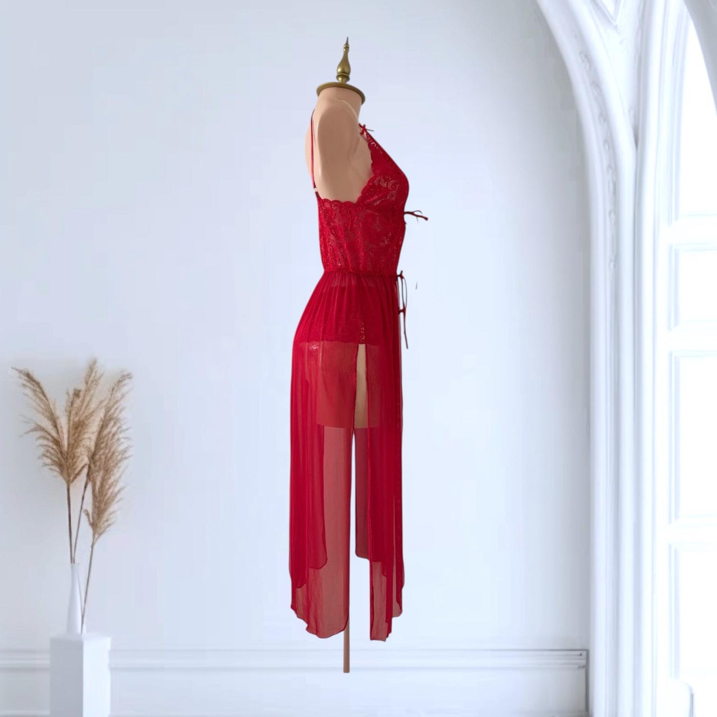 Conjunto de Lencería Rojo con Baby Doll Largo Transparente - Talla M