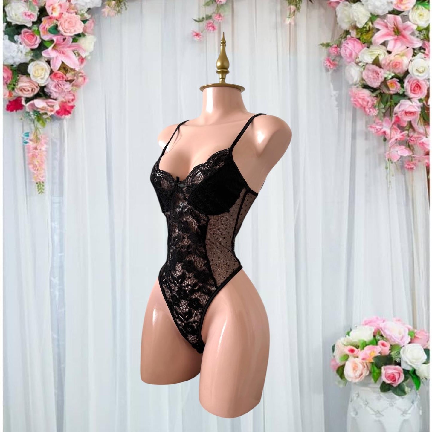 Body de Lencería Negro con Encaje y Transparencias - Talla M Copa B