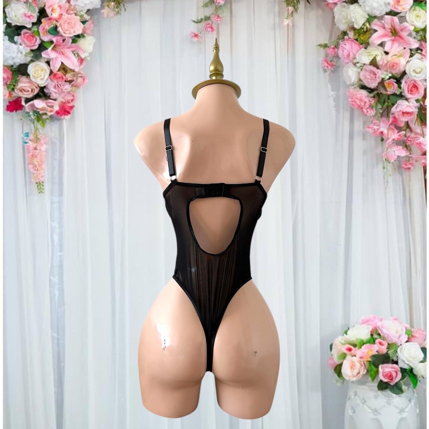 Body de Lencería Pin-Up Negro con Bordado de Seda Verde - Talla M