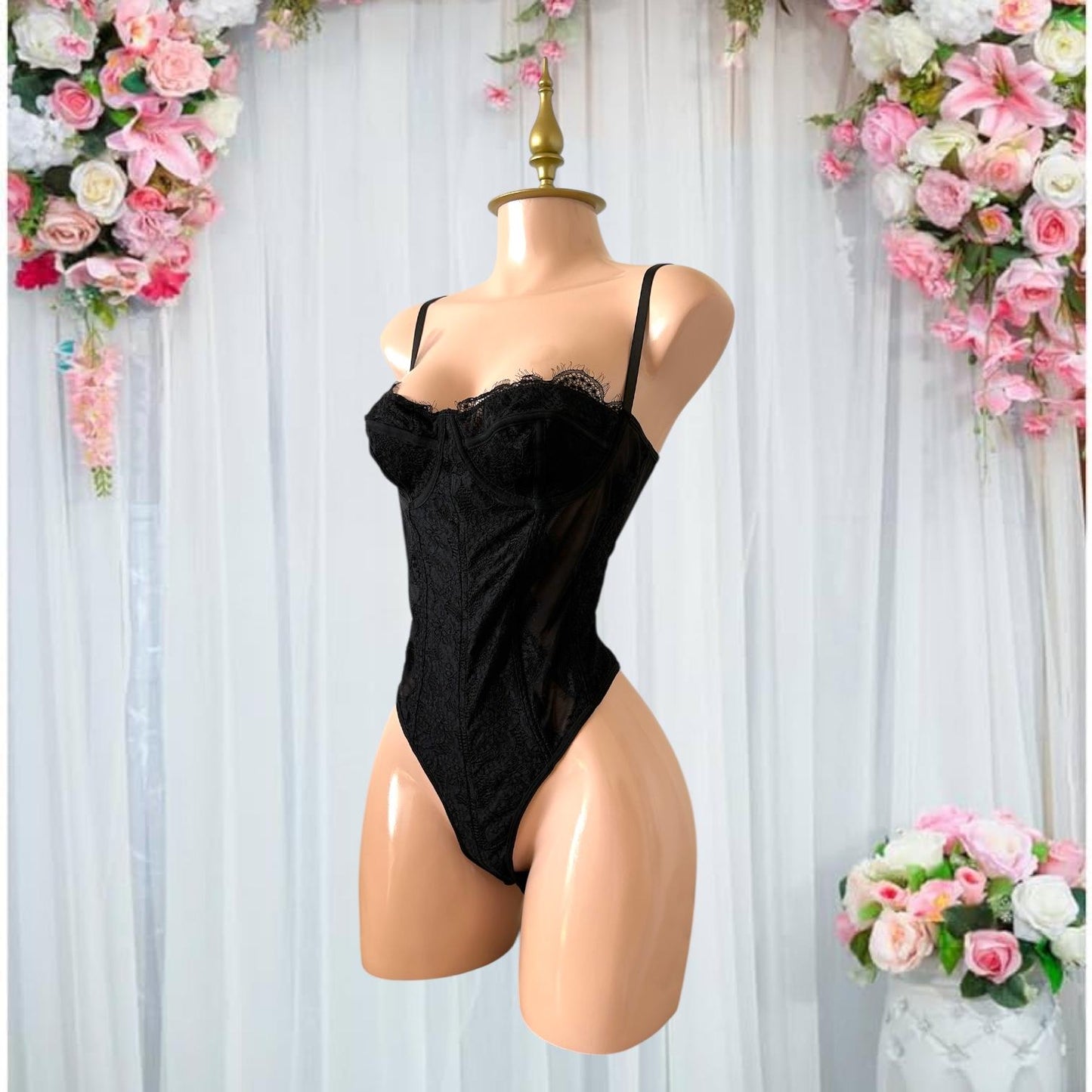 Body de Lencería Negro con Encaje y Control de Barriga - Talla G