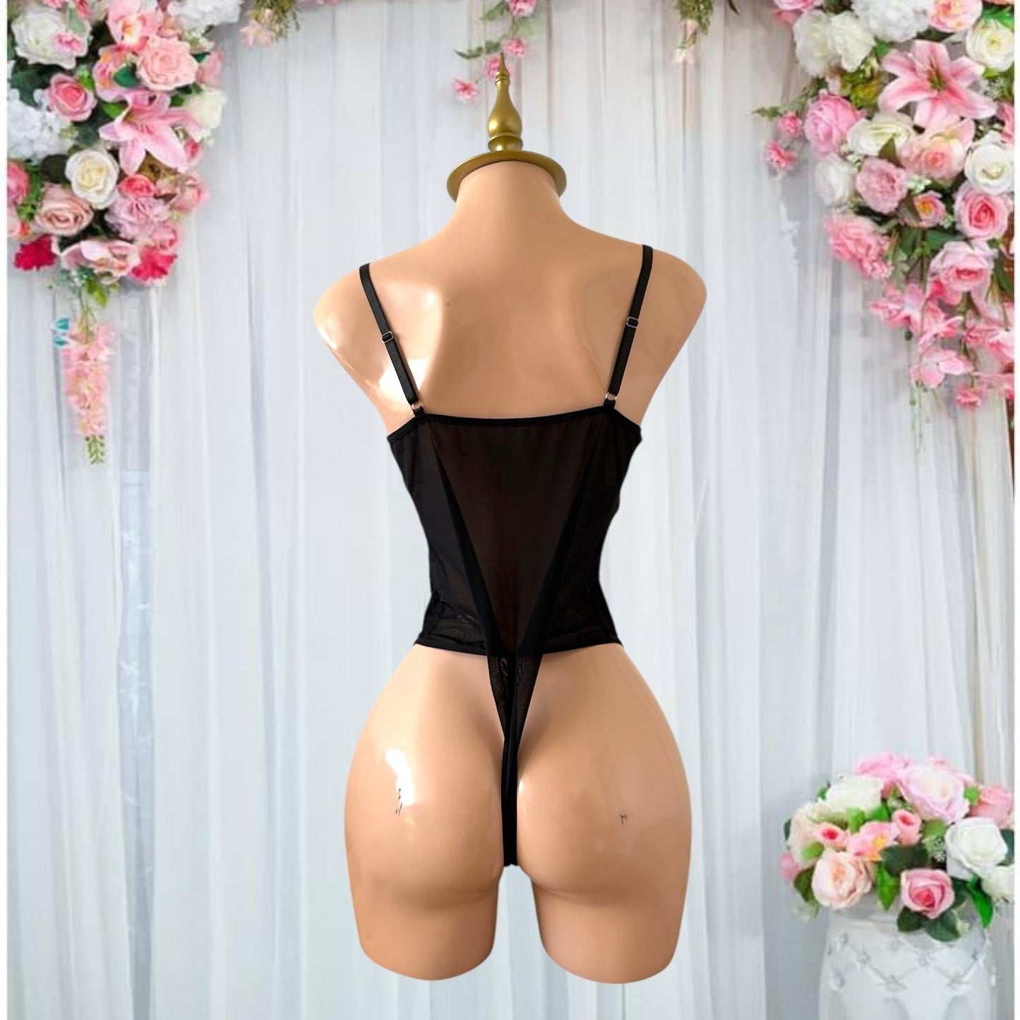 Body de Lencería Negro con Encaje y Control de Barriga - Talla G