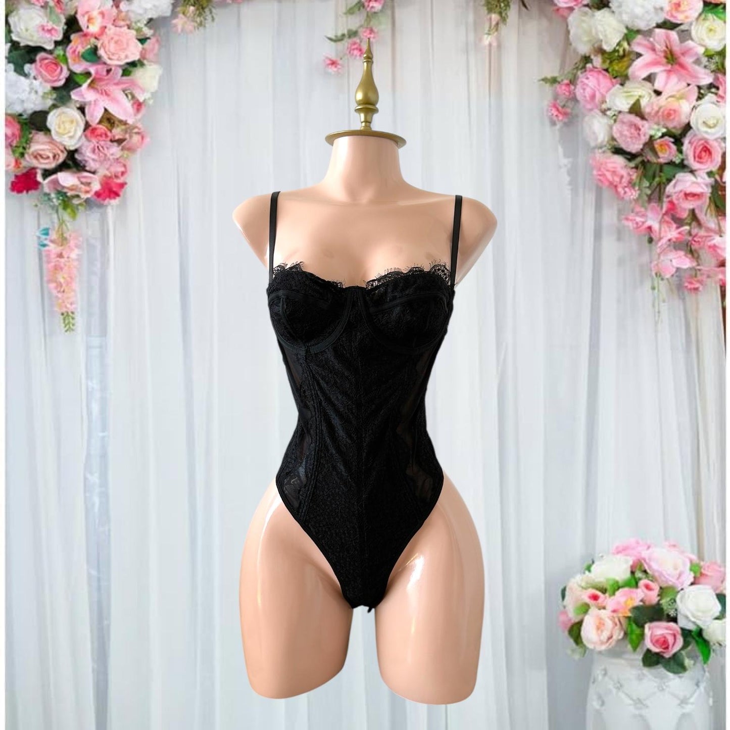 Body de Lencería Negro con Encaje y Control de Barriga - Talla G