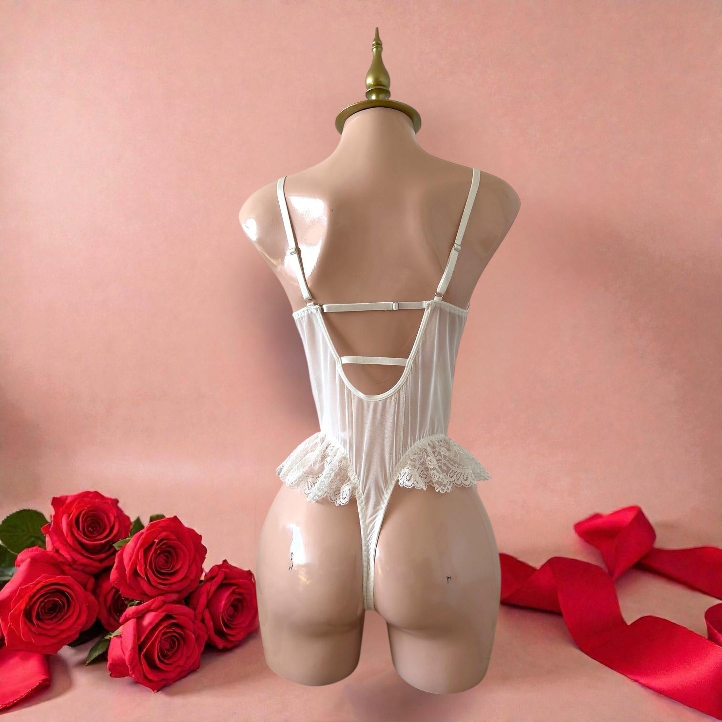 Body de Lencería Blanco con Encaje y Volantes - Talla M