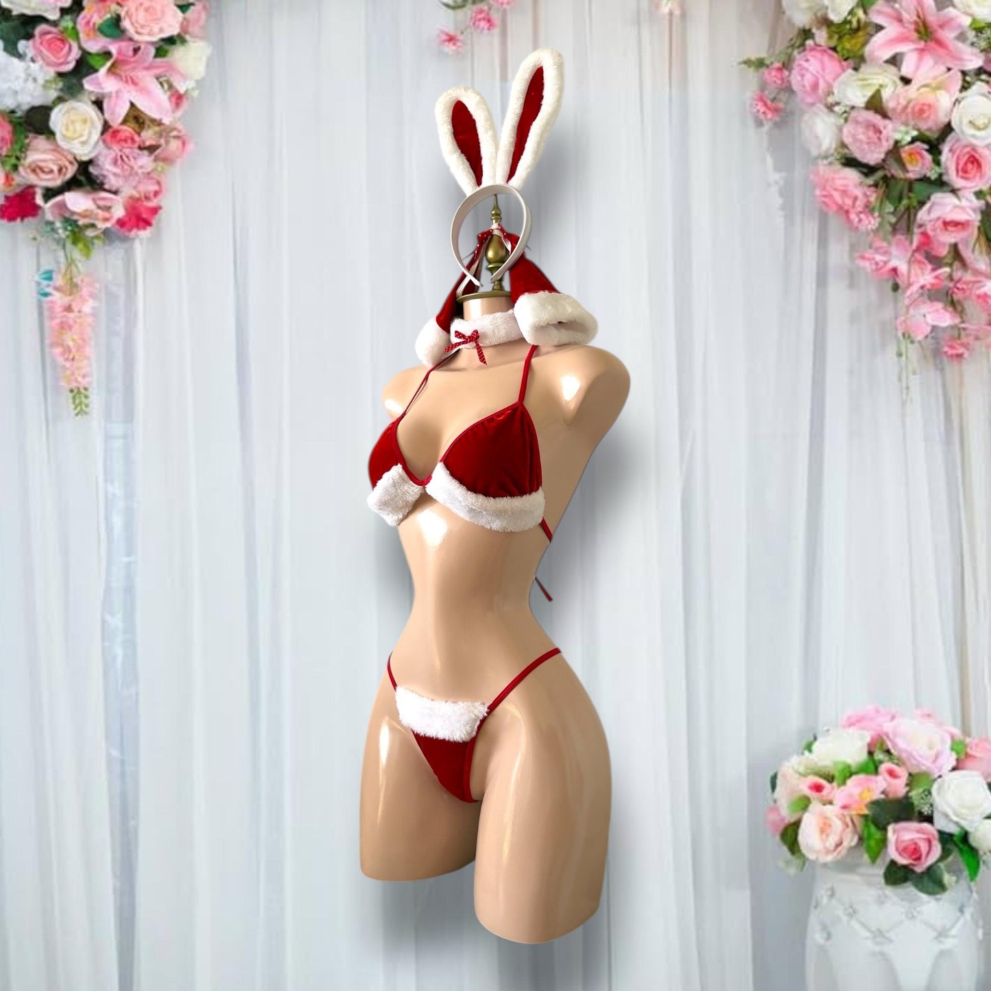 Disfraz de Lencería Conejita Navideña Rojo con Blanco y Accesorios - Talla S-M