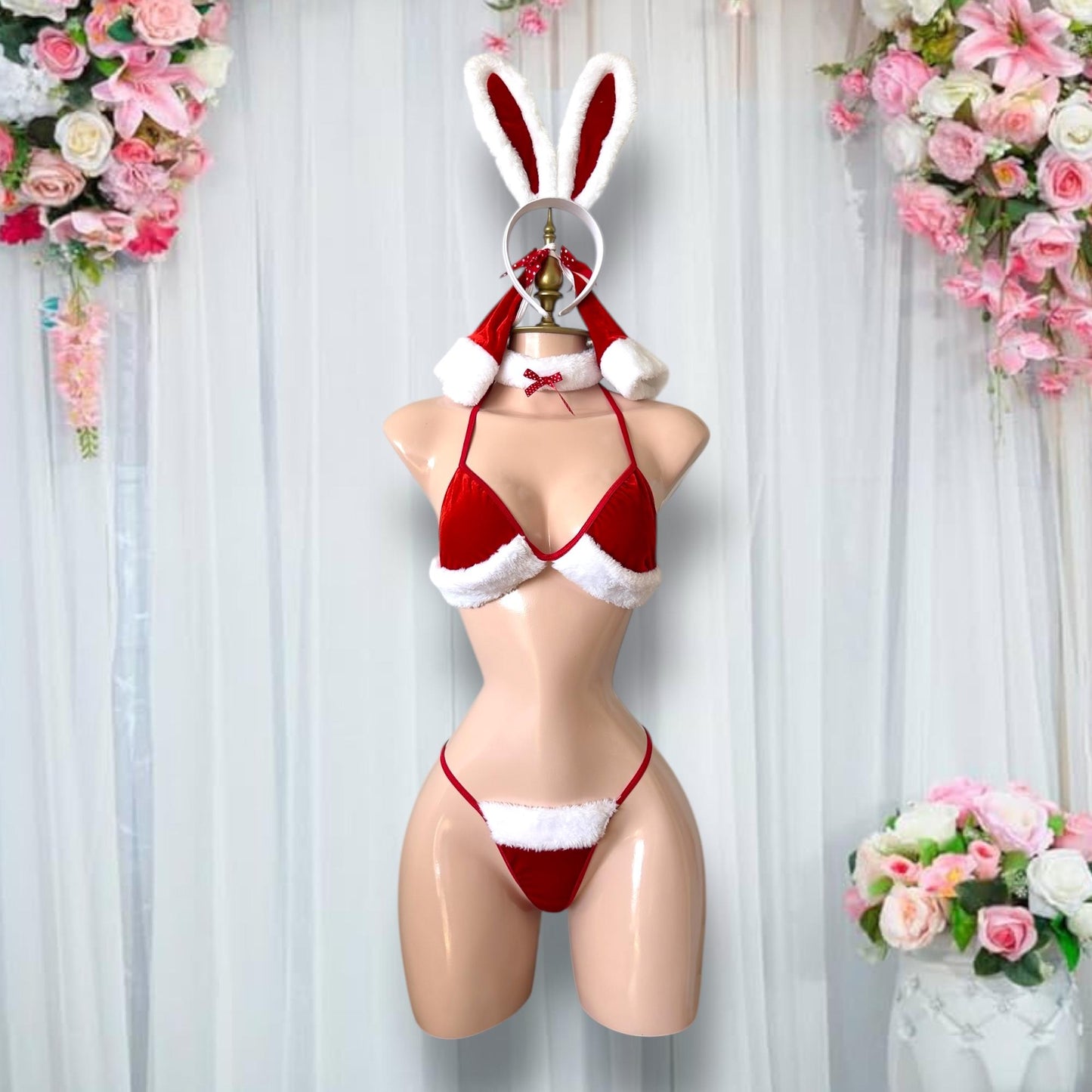 Disfraz de Lencería Conejita Navideña Rojo con Blanco y Accesorios - Talla S-M