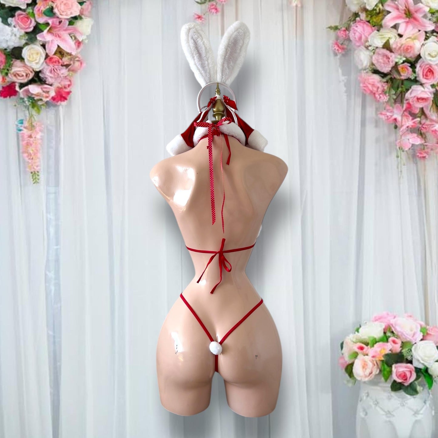 Disfraz de Lencería Conejita Navideña Rojo con Blanco y Accesorios - Talla S-M