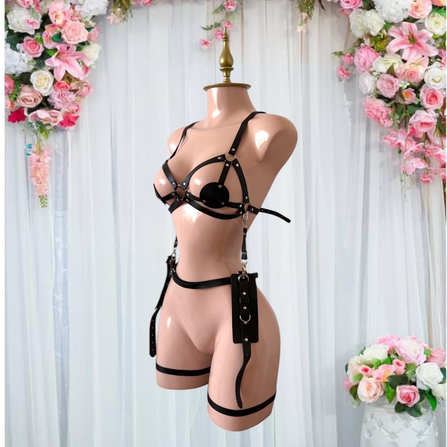 Set de Arnés de Lencería Negro con Hebillas y Accesorios - Talla XS-L