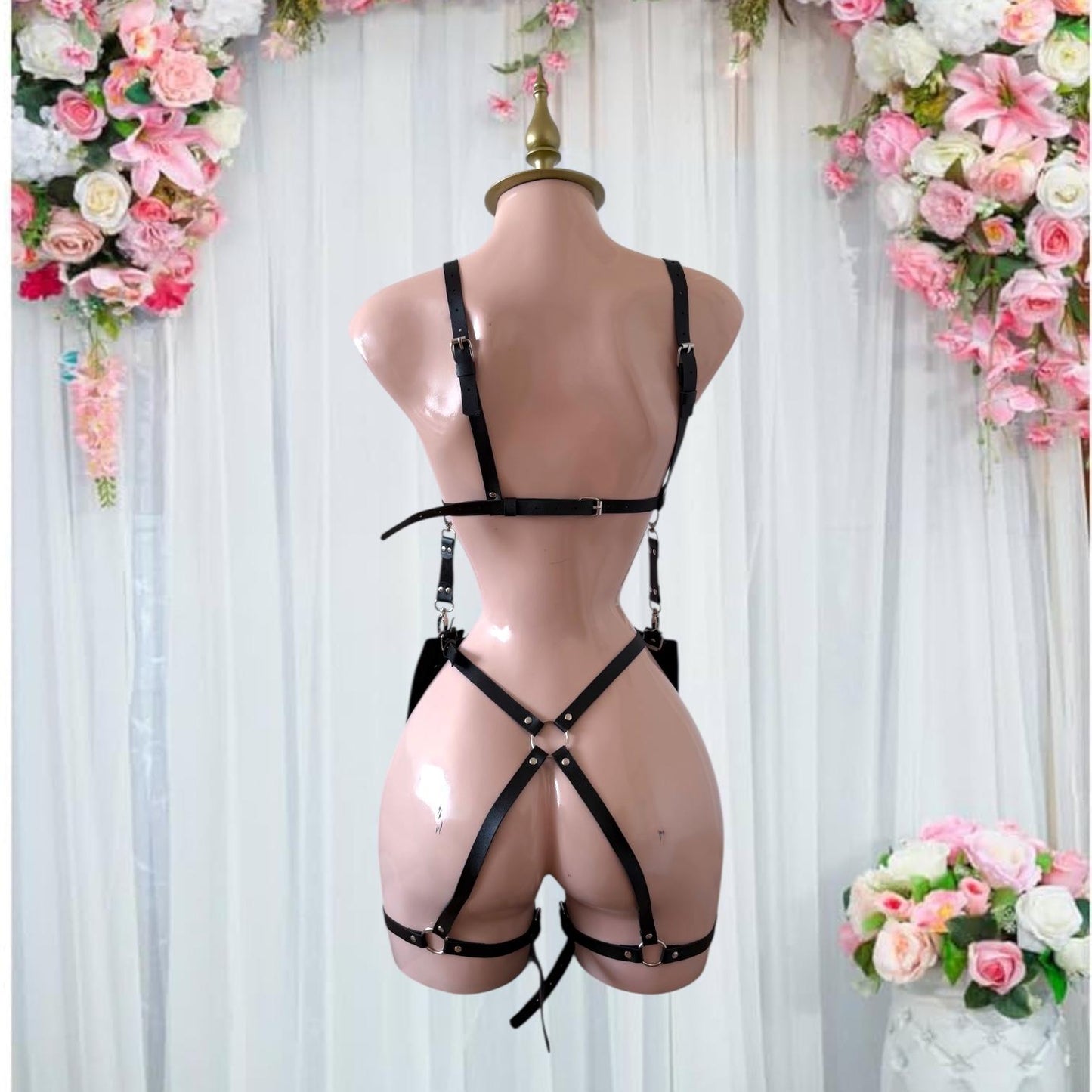 Set de Arnés de Lencería Negro con Hebillas y Accesorios - Talla XS-L