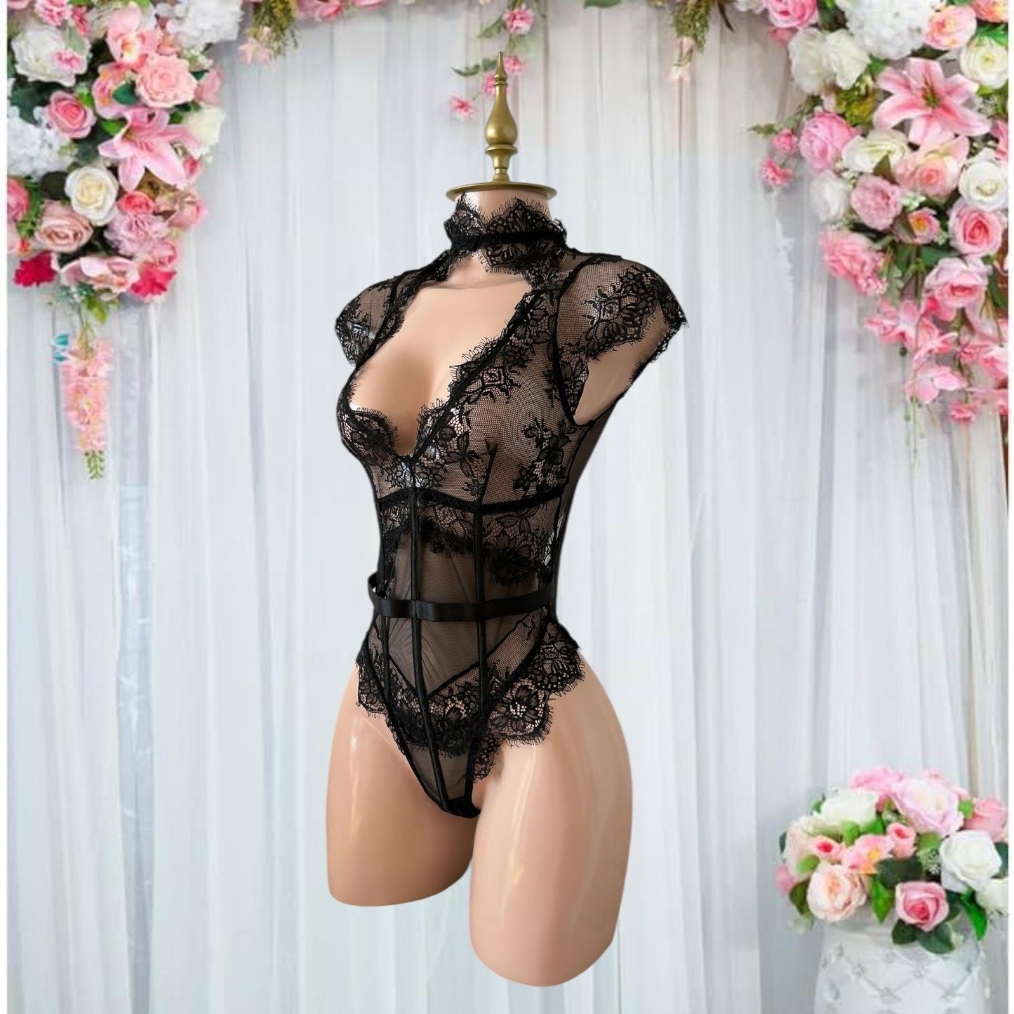 Body PinUp de Encaje Negro con Choker y Espalda Abierta - Talla M