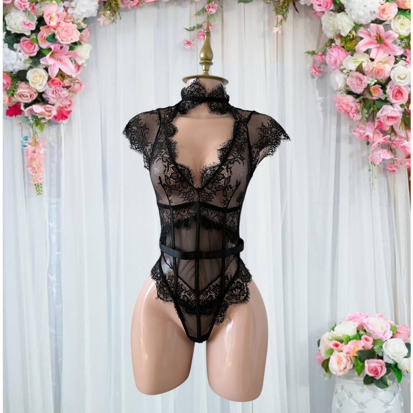 Body PinUp de Encaje Negro con Choker y Espalda Abierta - Talla M