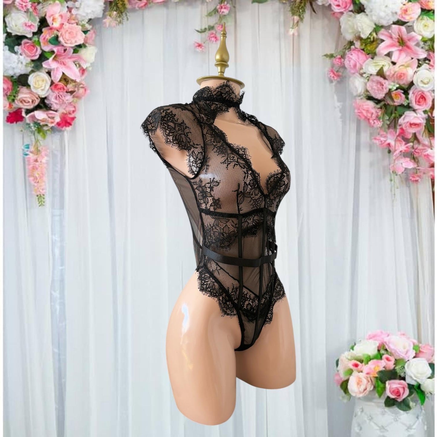 Body PinUp de Encaje Negro con Choker y Espalda Abierta - Talla M