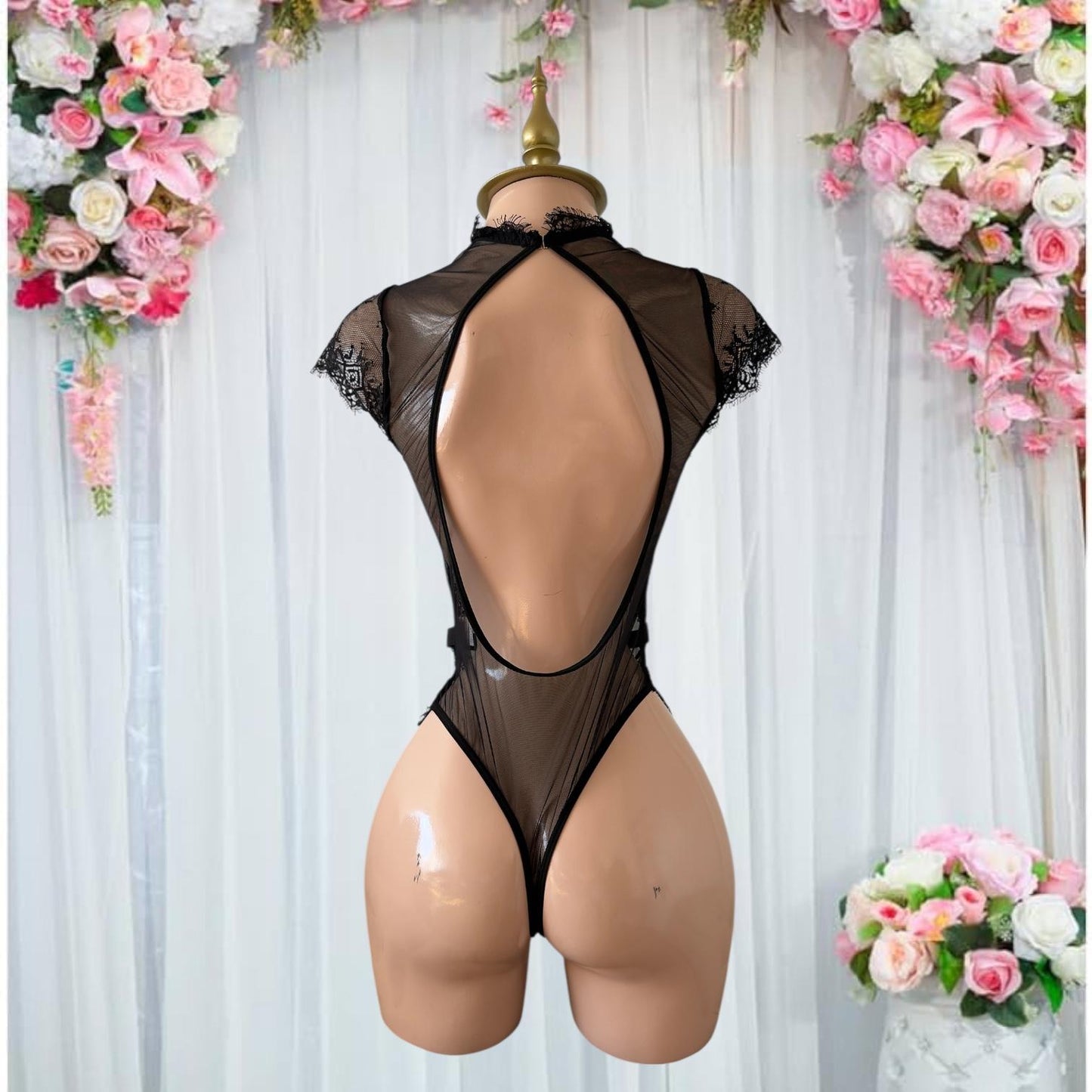 Body PinUp de Encaje Negro con Choker y Espalda Abierta - Talla M