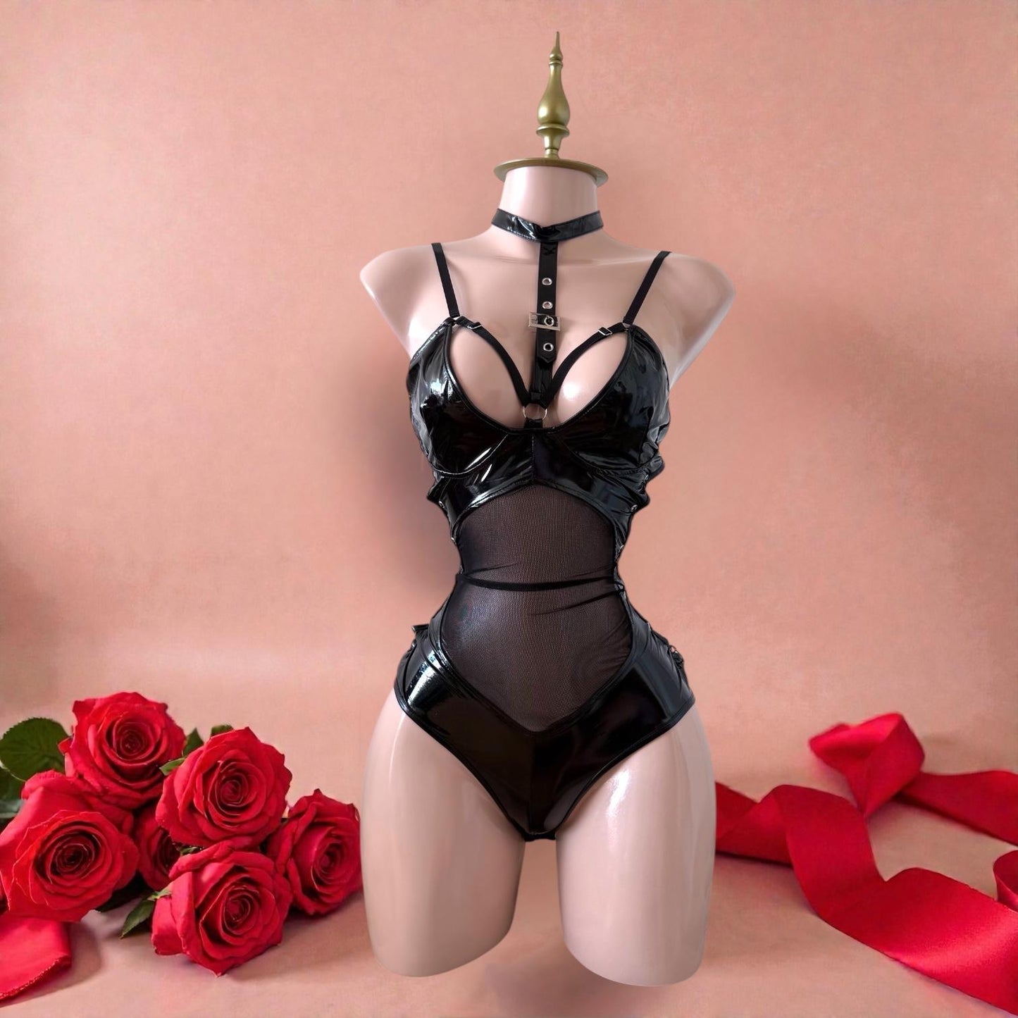 Body de Látex Negro con Choker - Talla S-M