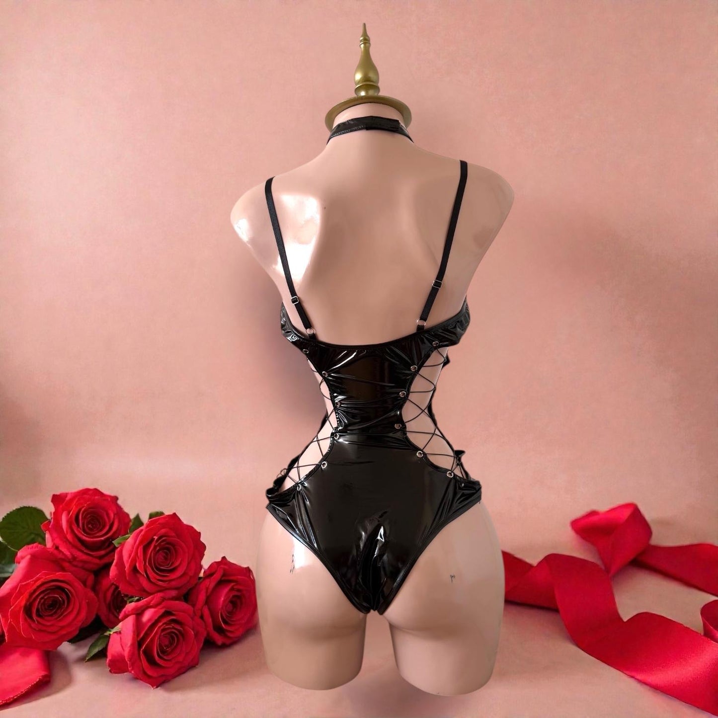 Body de Látex Negro con Choker - Talla S-M