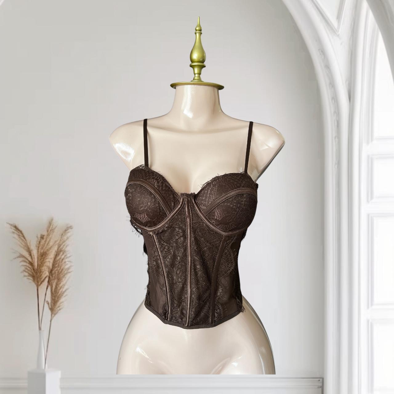 Bustier Café con Encaje Floral y Malla Transparente - Talla Única