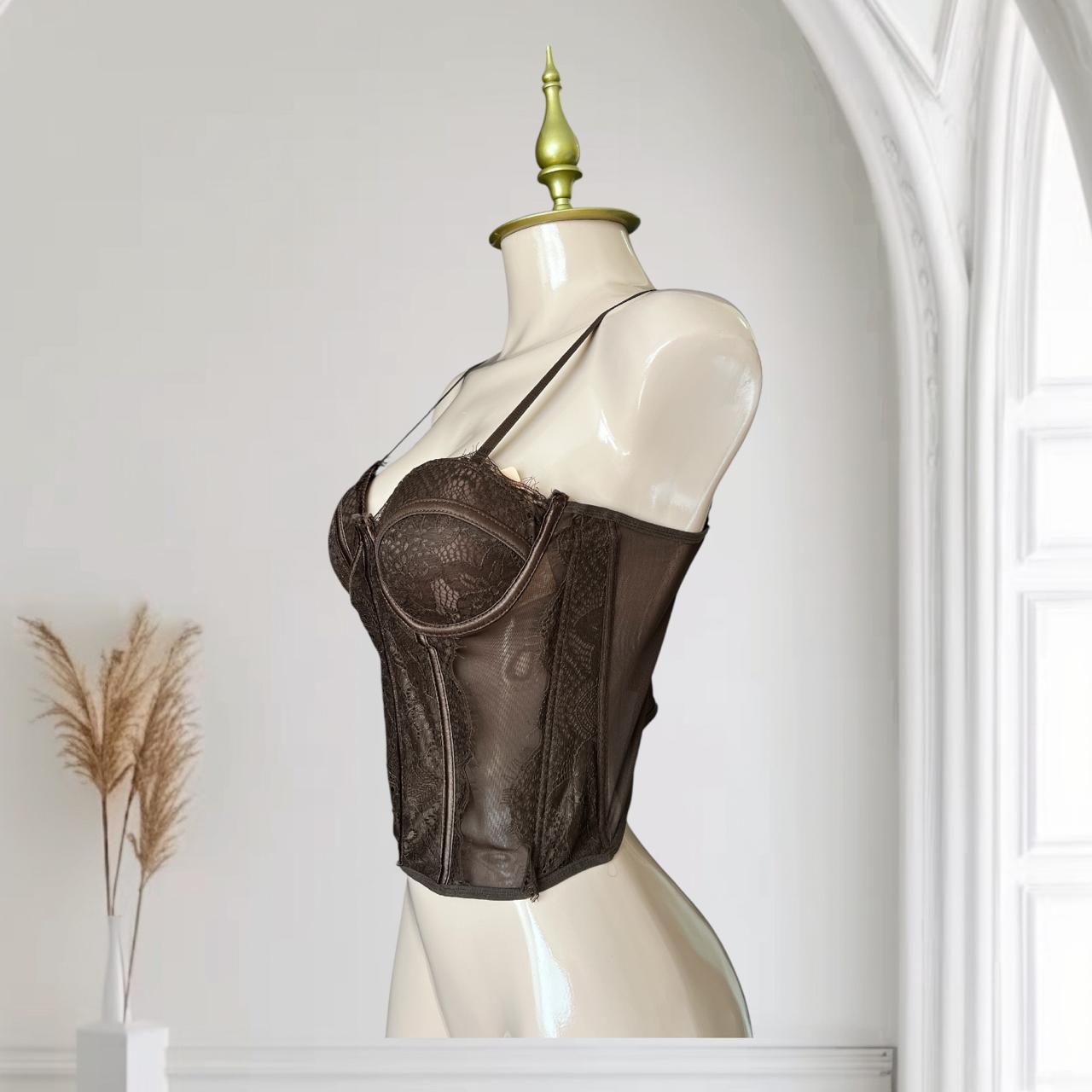 Bustier Café con Encaje Floral y Malla Transparente - Talla Única