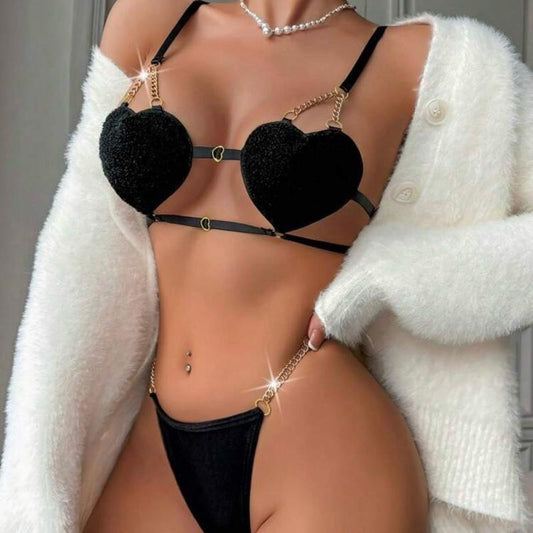 Conjunto de Lencería Negro con Corazones de Peluche - Talla M